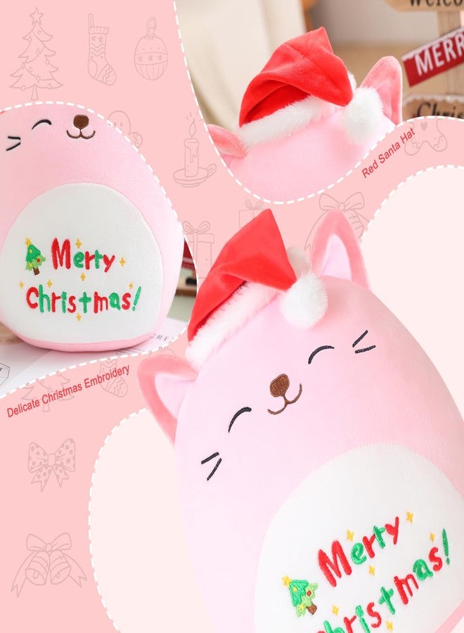 SQEQE قطة عيد الميلاد المحشوة من SQEQE، قطة وردية اللون ترتدي قبعة حمراء، ألعاب قطيفة كاواي، زينة منزلية ناعمة، هدايا للأولاد والبنات (قطة وحيد القرن، 10 بوصة) - Image 2